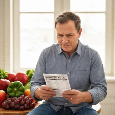 Person analyzing nutrition facts on a food label, with a thoughtful expression and healthy food items in the background