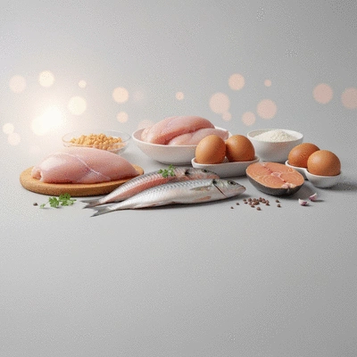 Assortment of protein-rich foods like chicken breast, eggs, and fish on a clean, light background