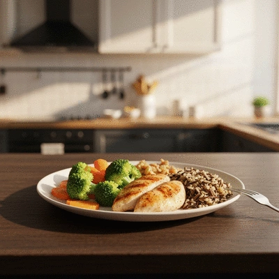A balanced meal plate with whole, nutrient-dense foods like vegetables, lean protein, and whole grains