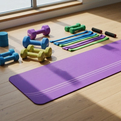 Various home workout equipment including dumbbells, resistance bands, and a yoga mat