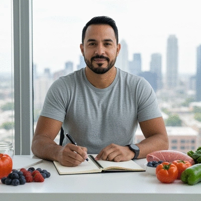 Person creating a personalized nutrition plan with healthy foods and a notebook