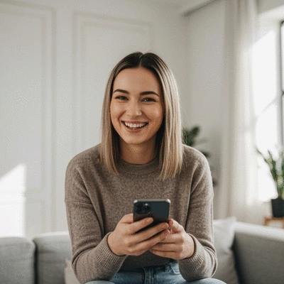 Person reviewing health data on a smartphone, with a wearable fitness device subtly visible on their wrist, in a bright, modern setting