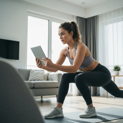 Person doing an online workout in a modern living room