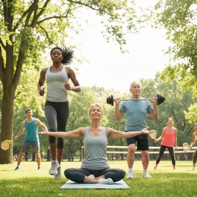 A diverse group of people exercising outdoors in a park, showing different fitness levels and ages, representing health and wellness
