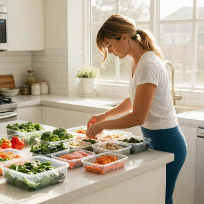 Person organizing food in containers for meal prep, clean kitchen background, bright natural light