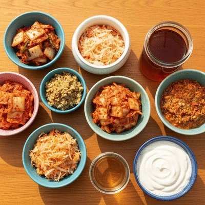 Variety of fermented foods like kimchi, sauerkraut, and kombucha