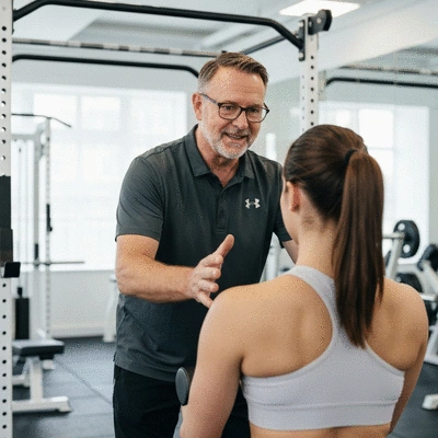 Personal trainer explaining exercise technique to a client in a gym setting