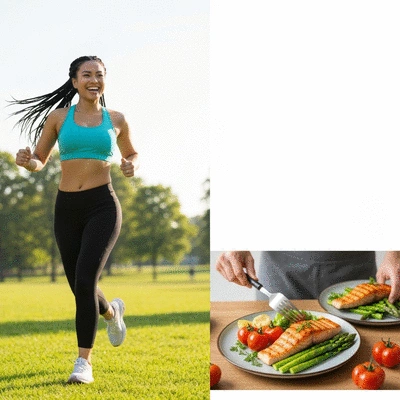 Woman happily following a sustainable weight loss plan, enjoying healthy food and exercise