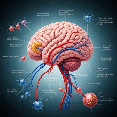 Diagram representing the gut-brain axis with neural, hormonal, and immune pathways