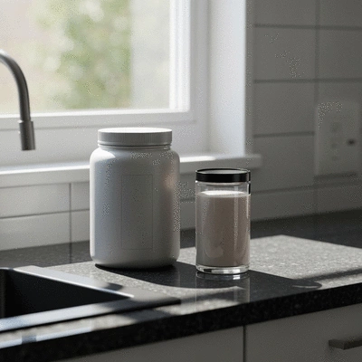 Protein powder container and a prepared shake on a kitchen counter