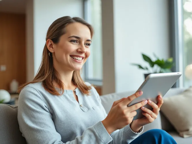 Woman happily reading a weight loss newsletter on a tablet